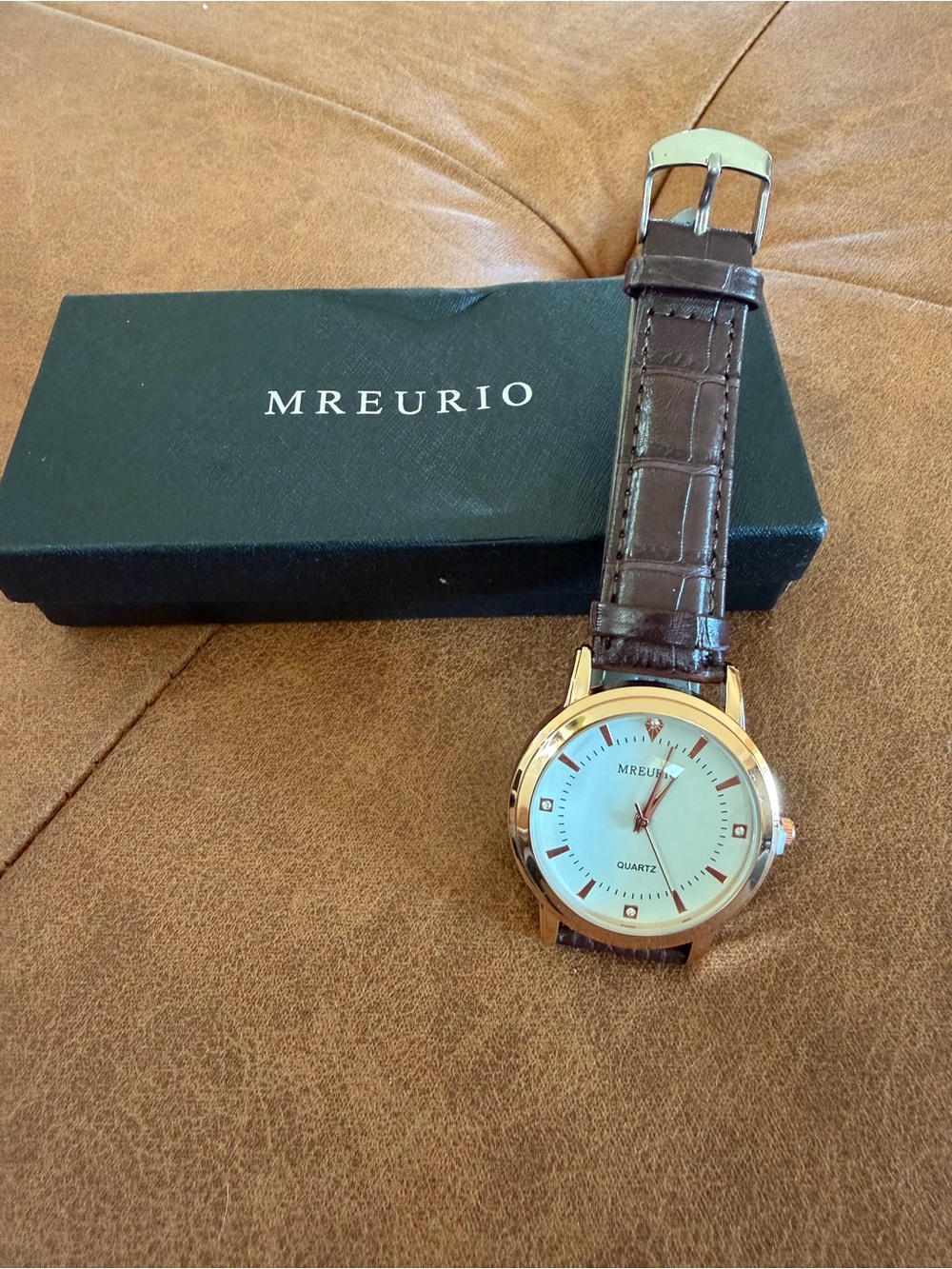 MREURIO Rose Gold-Tone Quartz Watch with Brown Leather Strap & Box